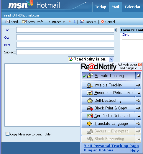 Hotmail Screen shot of the Self-Destructing-Email Plugin